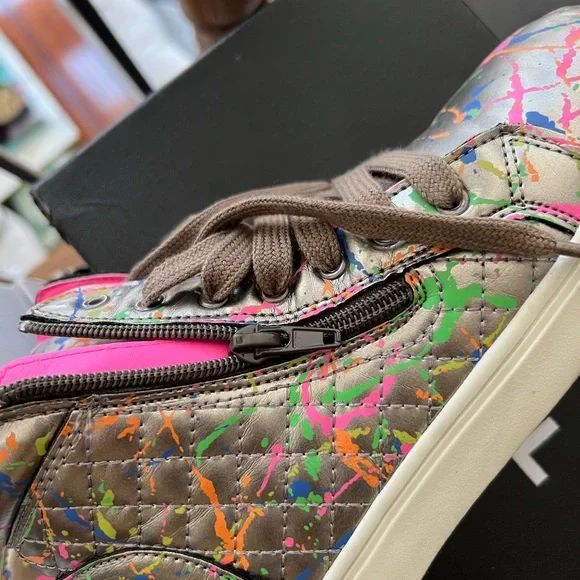 Steve Madden Girls 3 Jcafe Pewter Skinny High Top Paint Splashed Zip Up Shoes - Picture 4 of 5